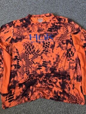 HUK Performance Fishing Kryptek Camo Orange Inferno Long Sleeve Shirt Mens XXL